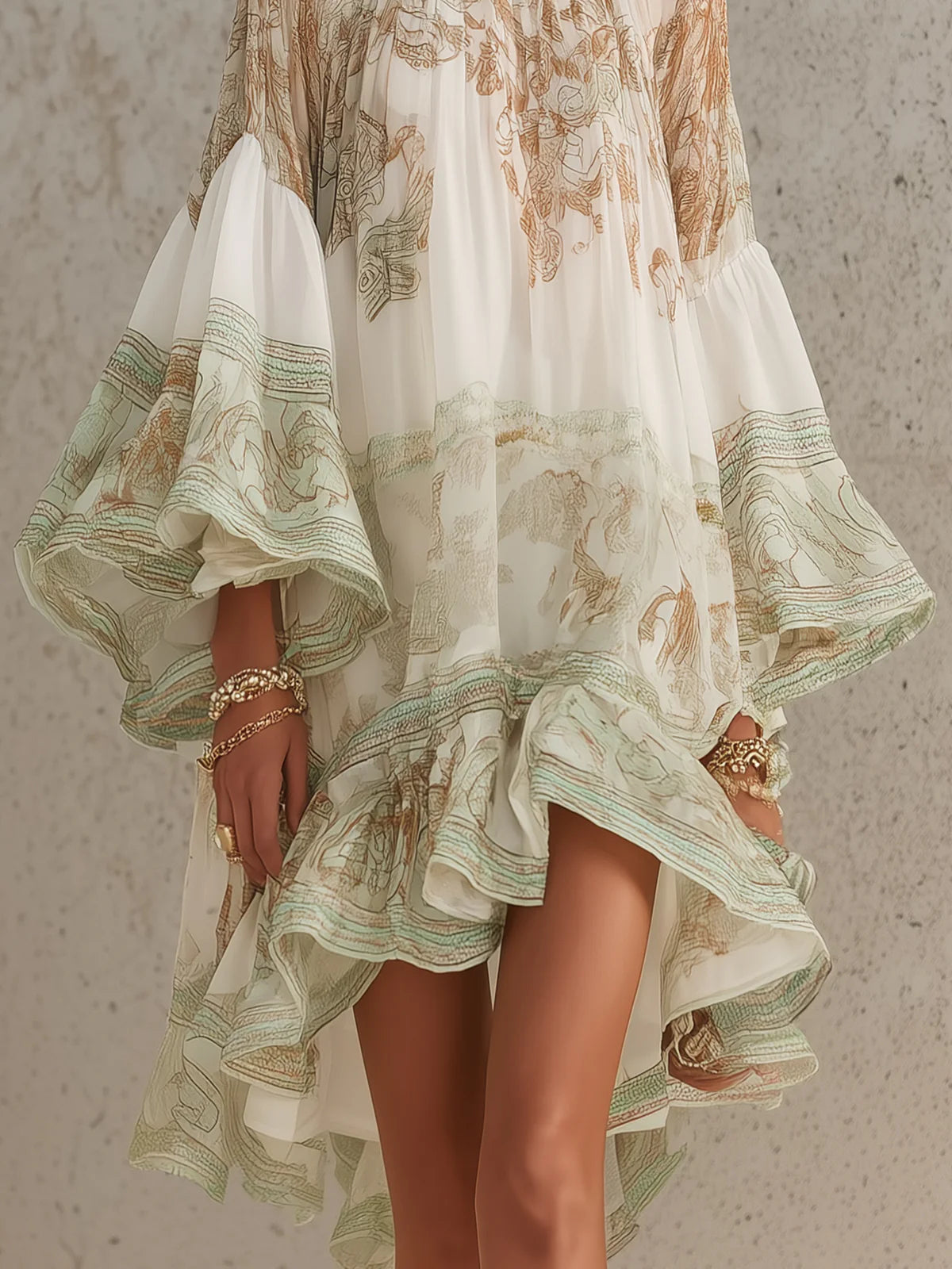 Léonie | Robe Mini en Mousseline à Manches Volantées et Rayures Vertes
