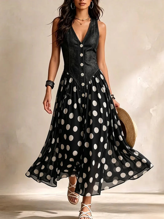 Amélie | Robe Longue Denim à Pois