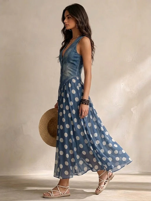 Amélie | Robe Longue Denim à Pois