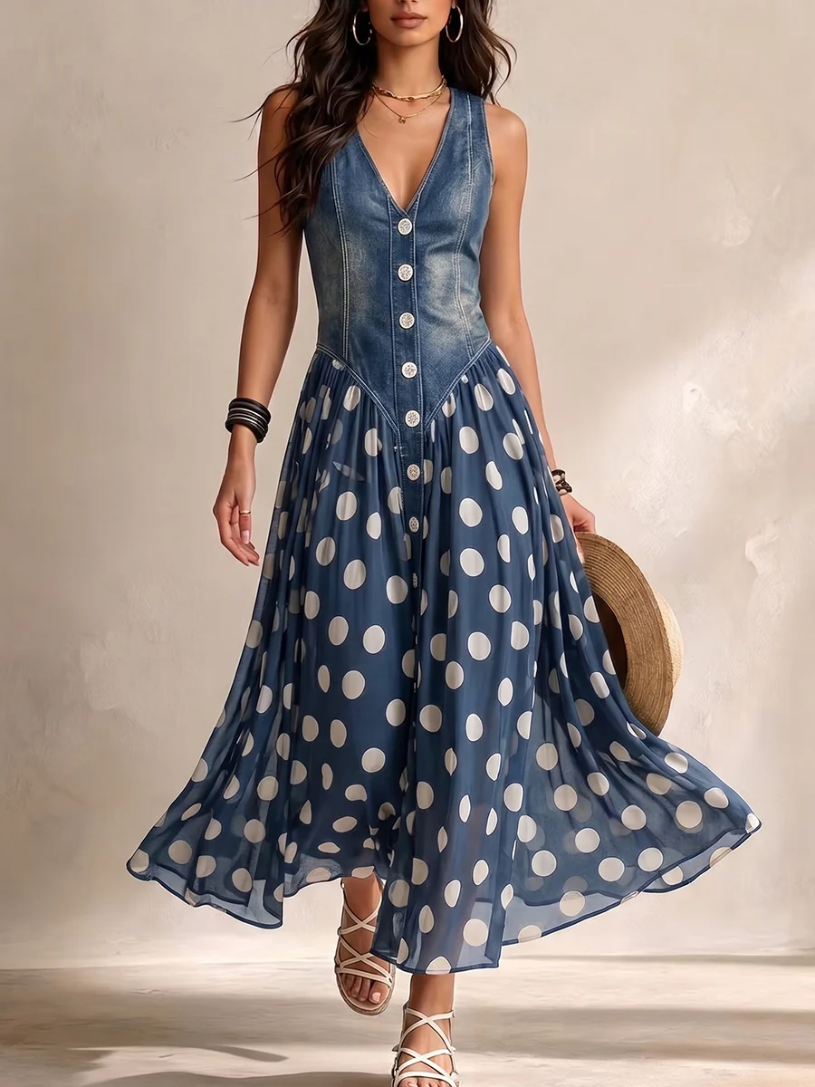 Amélie | Robe Longue Denim à Pois