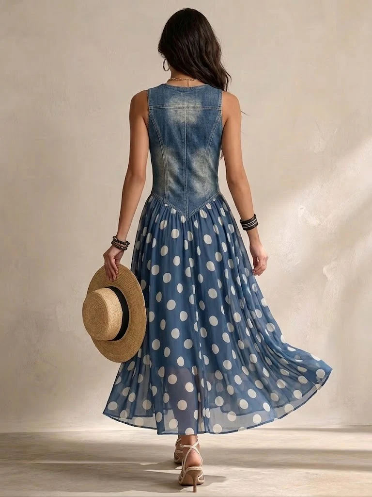 Amélie | Robe Longue Denim à Pois