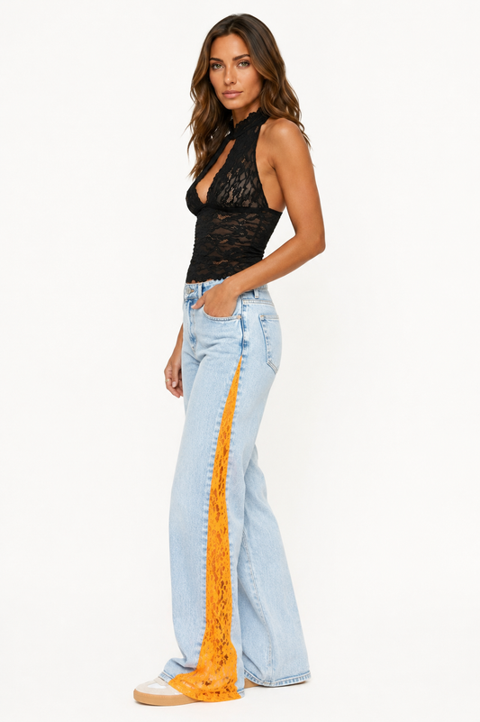 Élina | Jean Wide Leg Élégant avec Détails en Dentelle