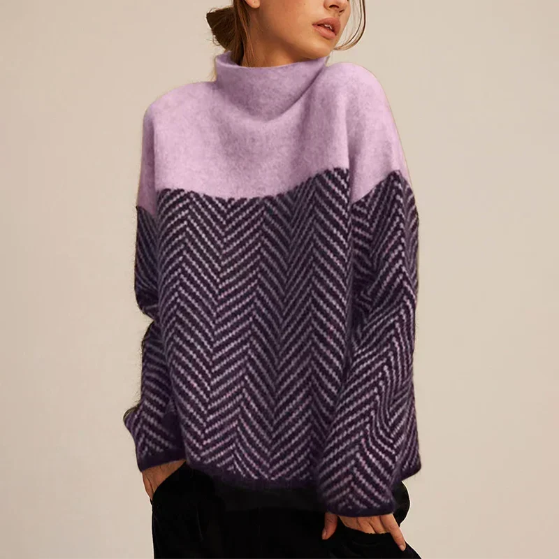 Évelyne | Pull Col Roulé Bicolore à Motif