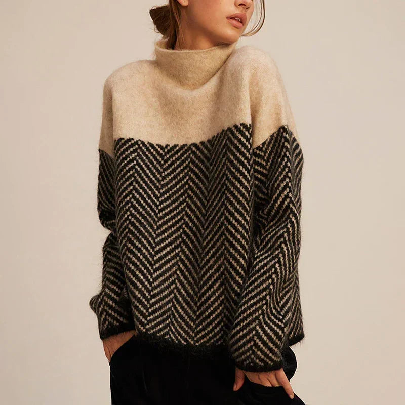 Évelyne | Pull Col Roulé Bicolore à Motif