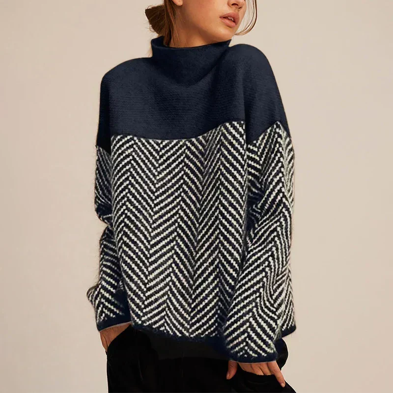 Évelyne | Pull Col Roulé Bicolore à Motif