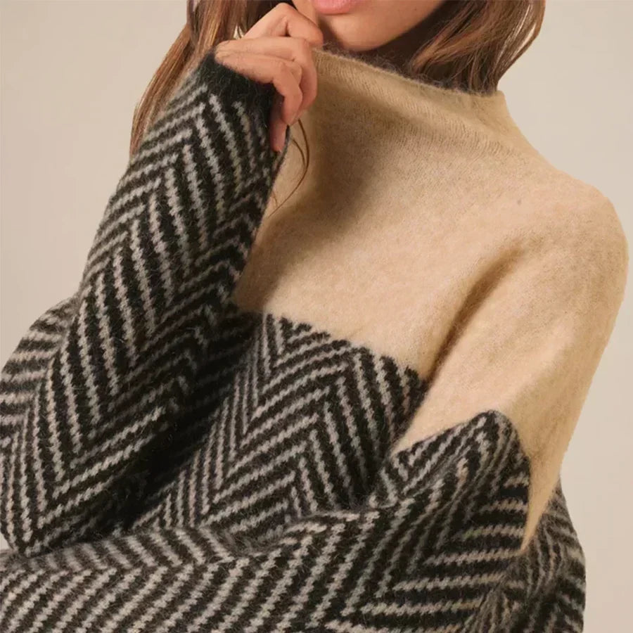 Évelyne | Pull Col Roulé Bicolore à Motif