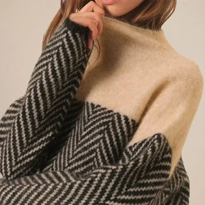 Évelyne | Pull Col Roulé Bicolore à Motif
