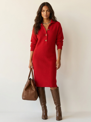 Émilienne | Robe Midi en Maille à Col Montant et Boutons