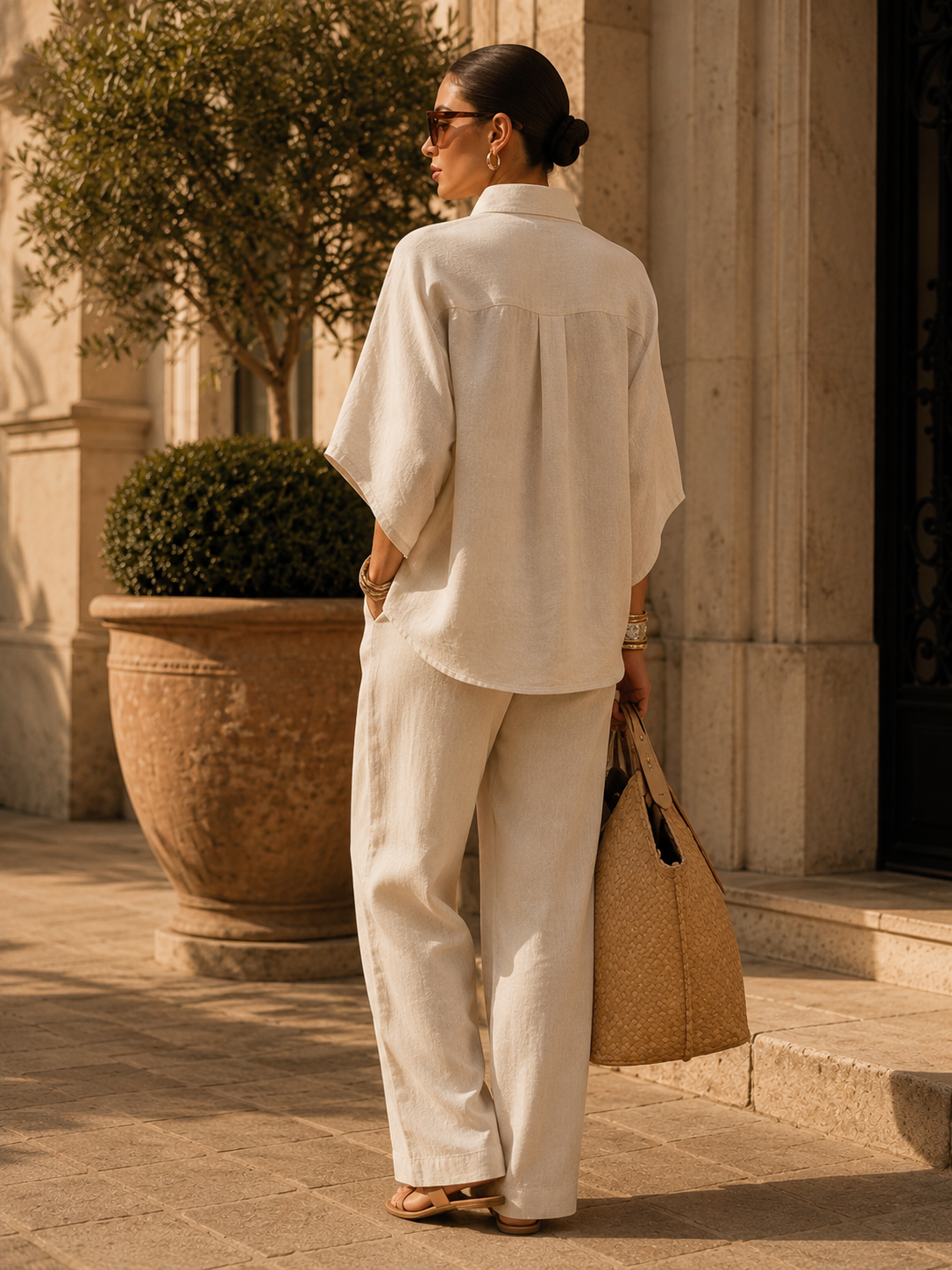 Nina | Ensemble en Lin à Manches Chauve-Souris et Pantalon Large