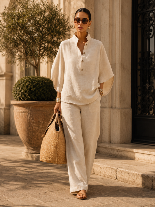 Nina | Ensemble en Lin à Manches Chauve-Souris et Pantalon Large