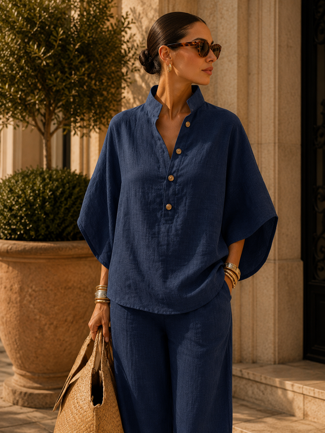 Nina | Ensemble en Lin à Manches Chauve-Souris et Pantalon Large