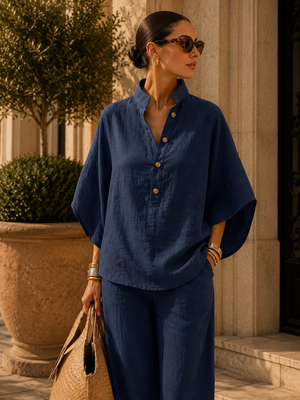Nina | Ensemble en Lin à Manches Chauve-Souris et Pantalon Large