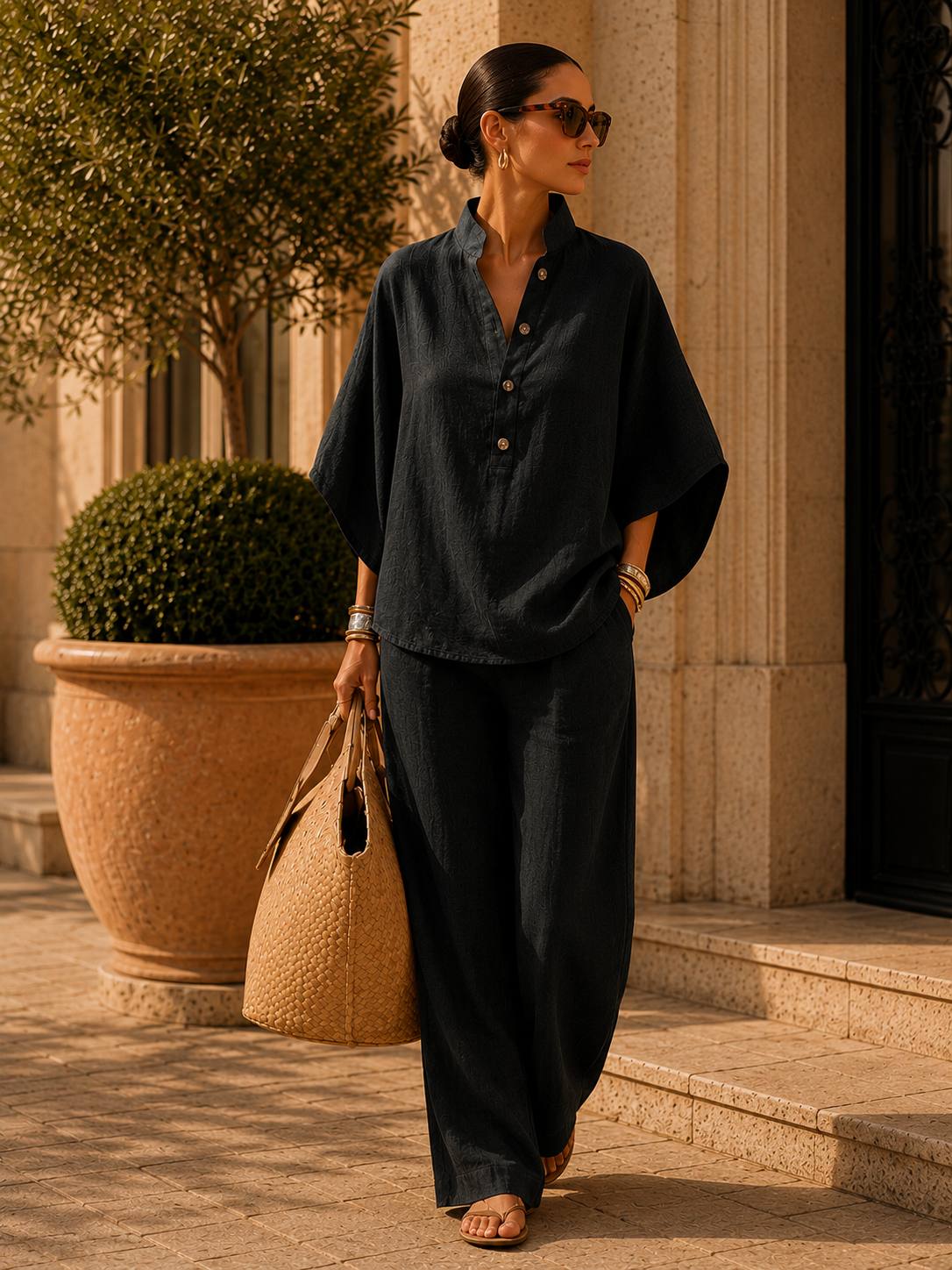 Nina | Ensemble en Lin à Manches Chauve-Souris et Pantalon Large