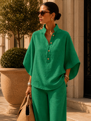 Nina | Ensemble en Lin à Manches Chauve-Souris et Pantalon Large
