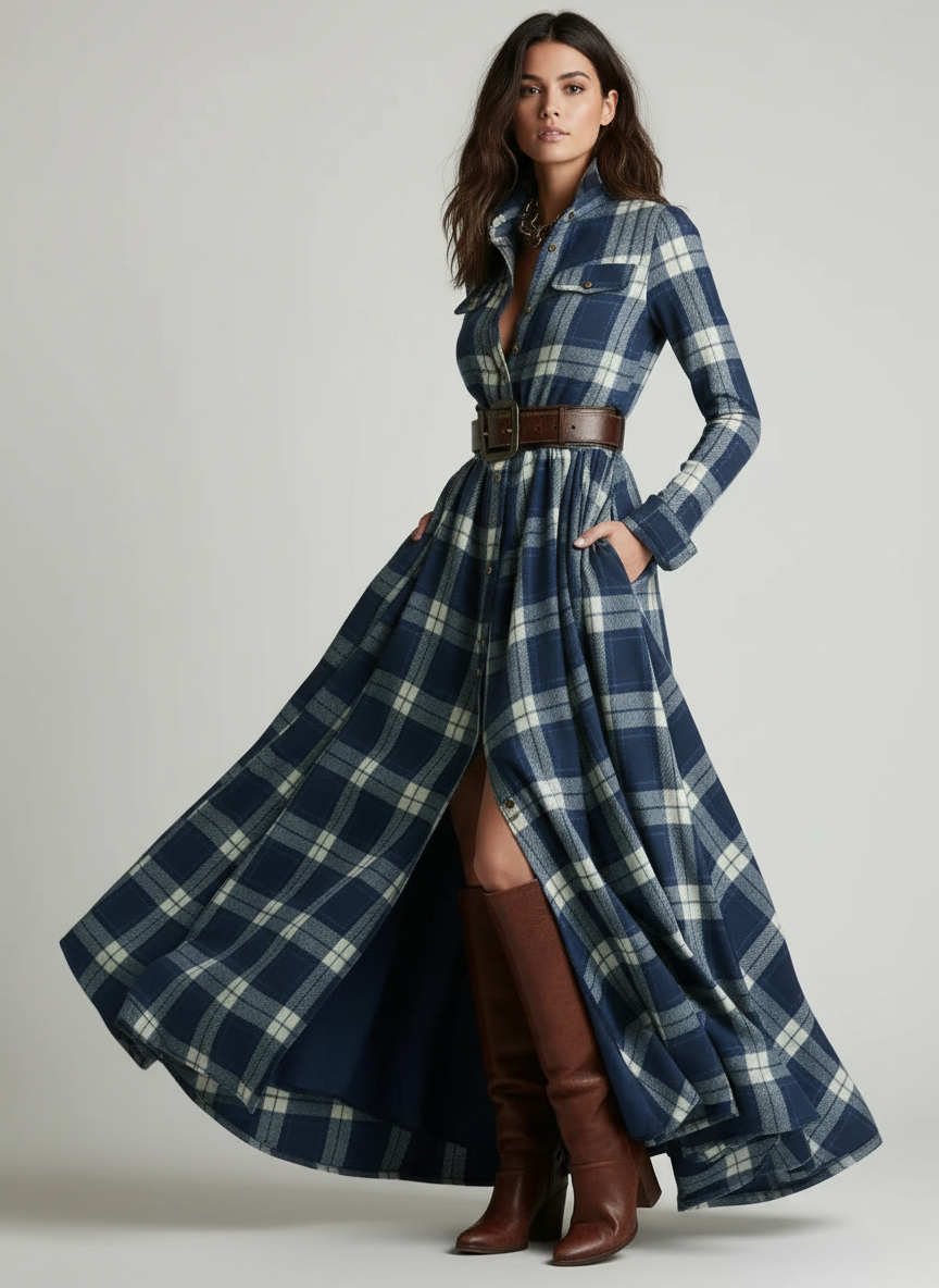 Margot | Robe Maxi à Carreaux avec Ceinture
