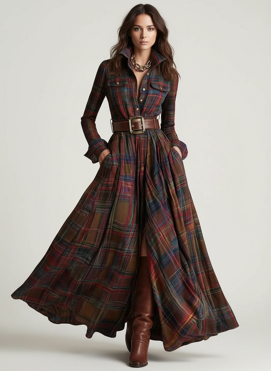 Margot | Robe Maxi à Carreaux avec Ceinture