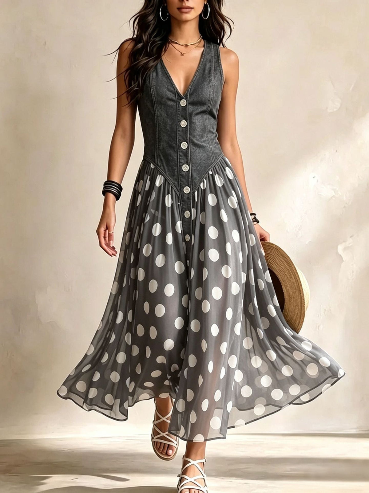 Amélie | Robe Longue Denim à Pois