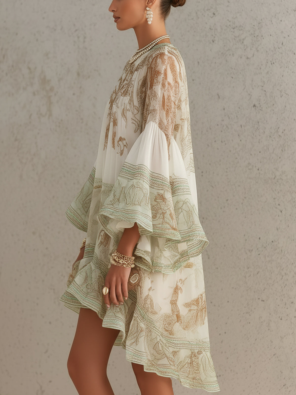 Léonie | Robe Mini en Mousseline à Manches Volantées et Rayures Vertes