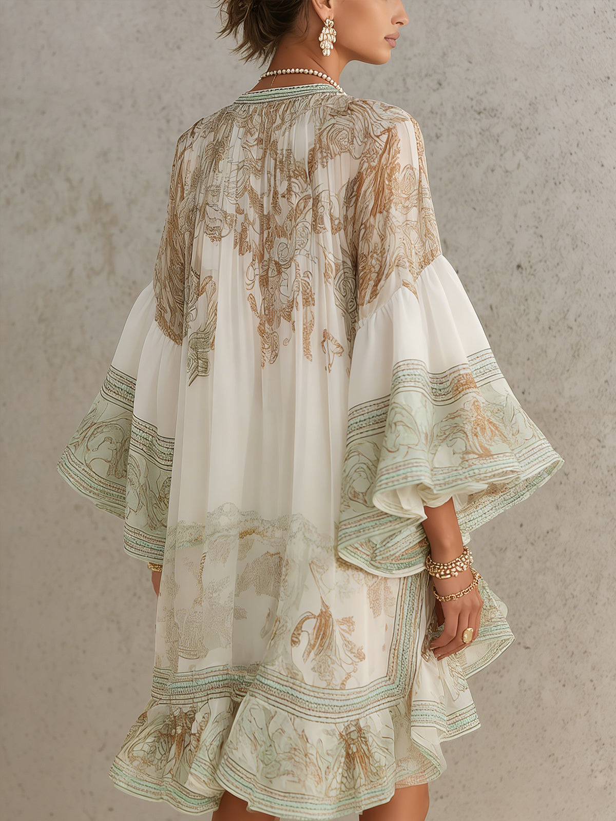 Léonie | Robe Mini en Mousseline à Manches Volantées et Rayures Vertes