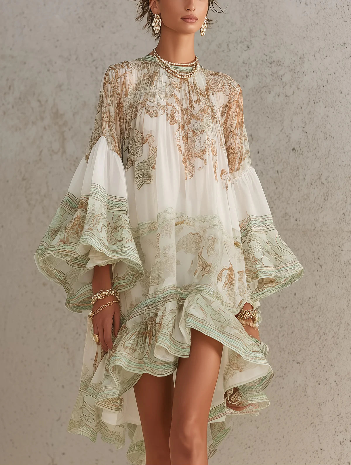 Léonie | Robe Mini en Mousseline à Manches Volantées et Rayures Vertes