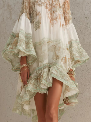 Léonie | Robe Mini en Mousseline à Manches Volantées et Rayures Vertes