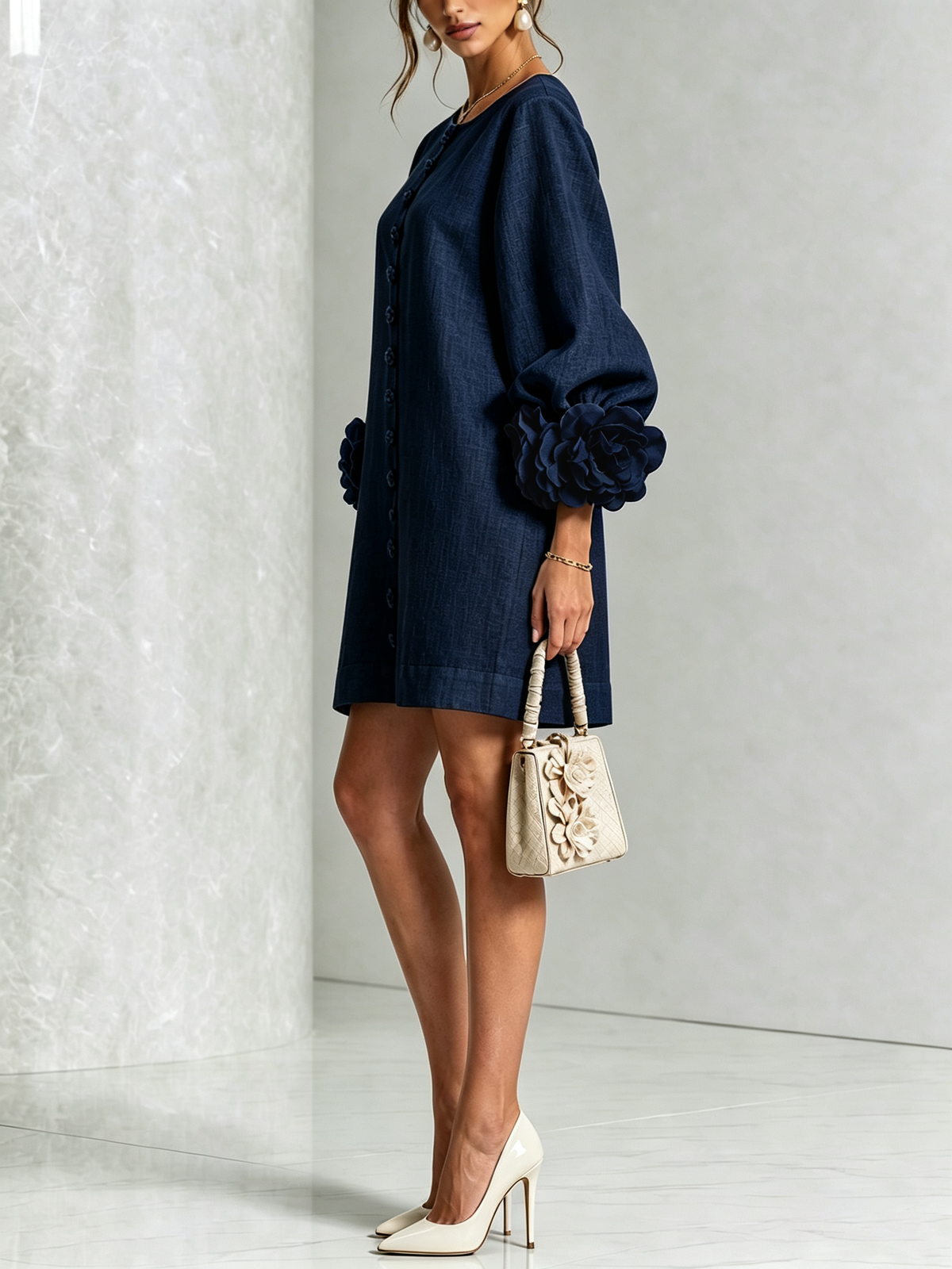 Élodie | Robe Mini Florale Blanche à Manches Élégantes