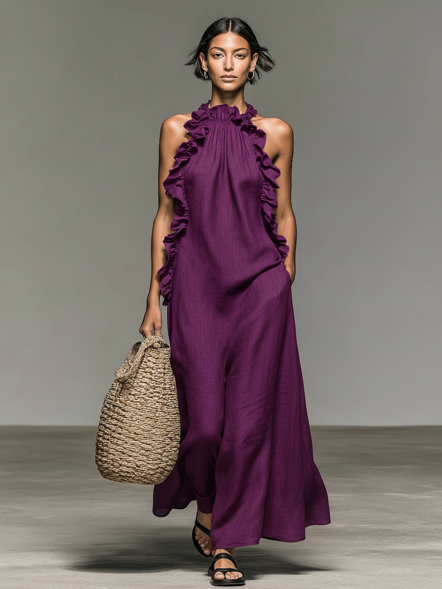 Adèle | Robe longue sans manches à volants avec poches