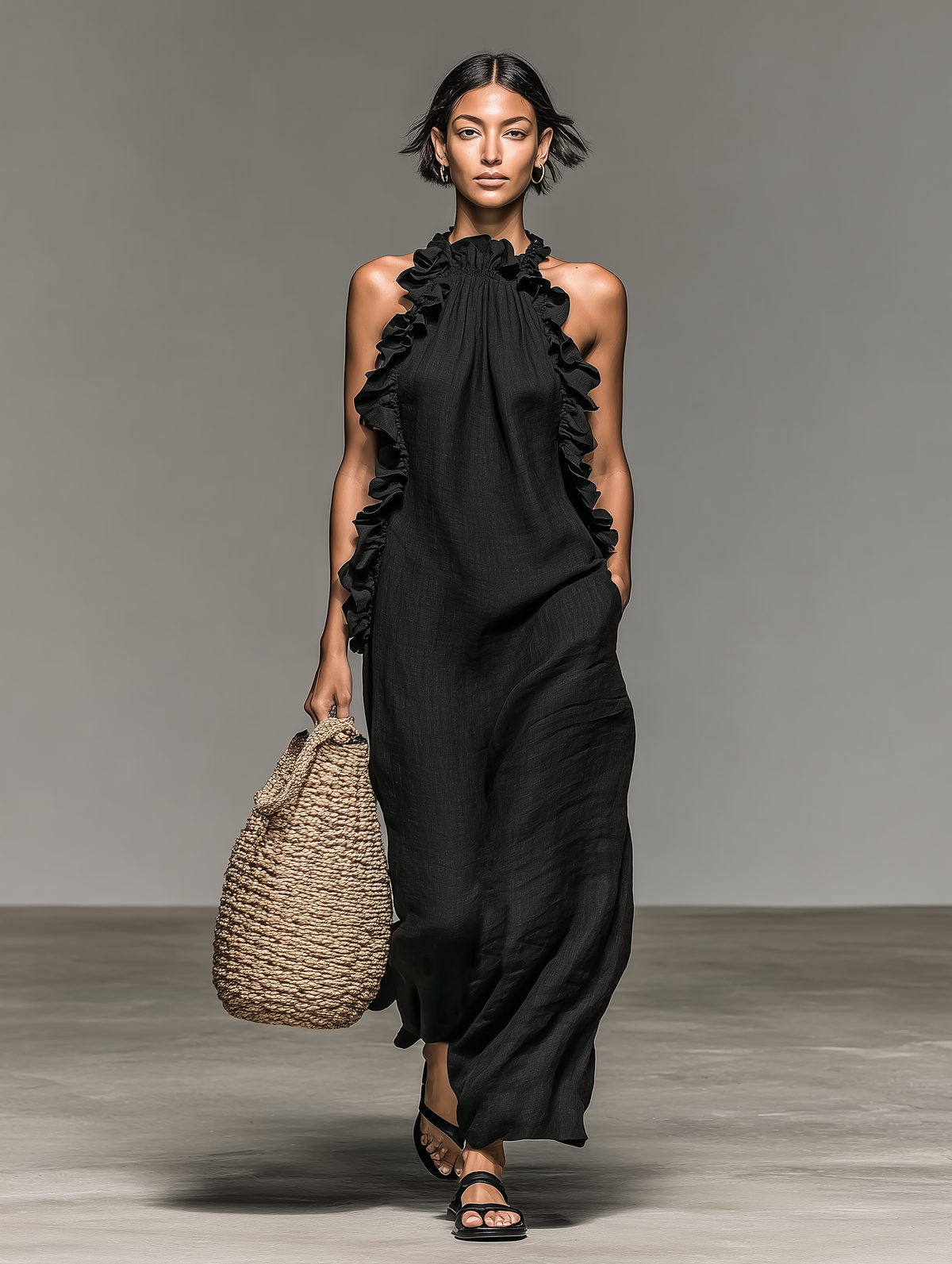 Adèle | Robe longue sans manches à volants avec poches