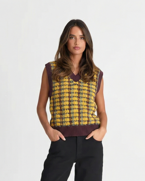 Mélissa | Pull Sans Manches Oversize à Carreaux et Col V