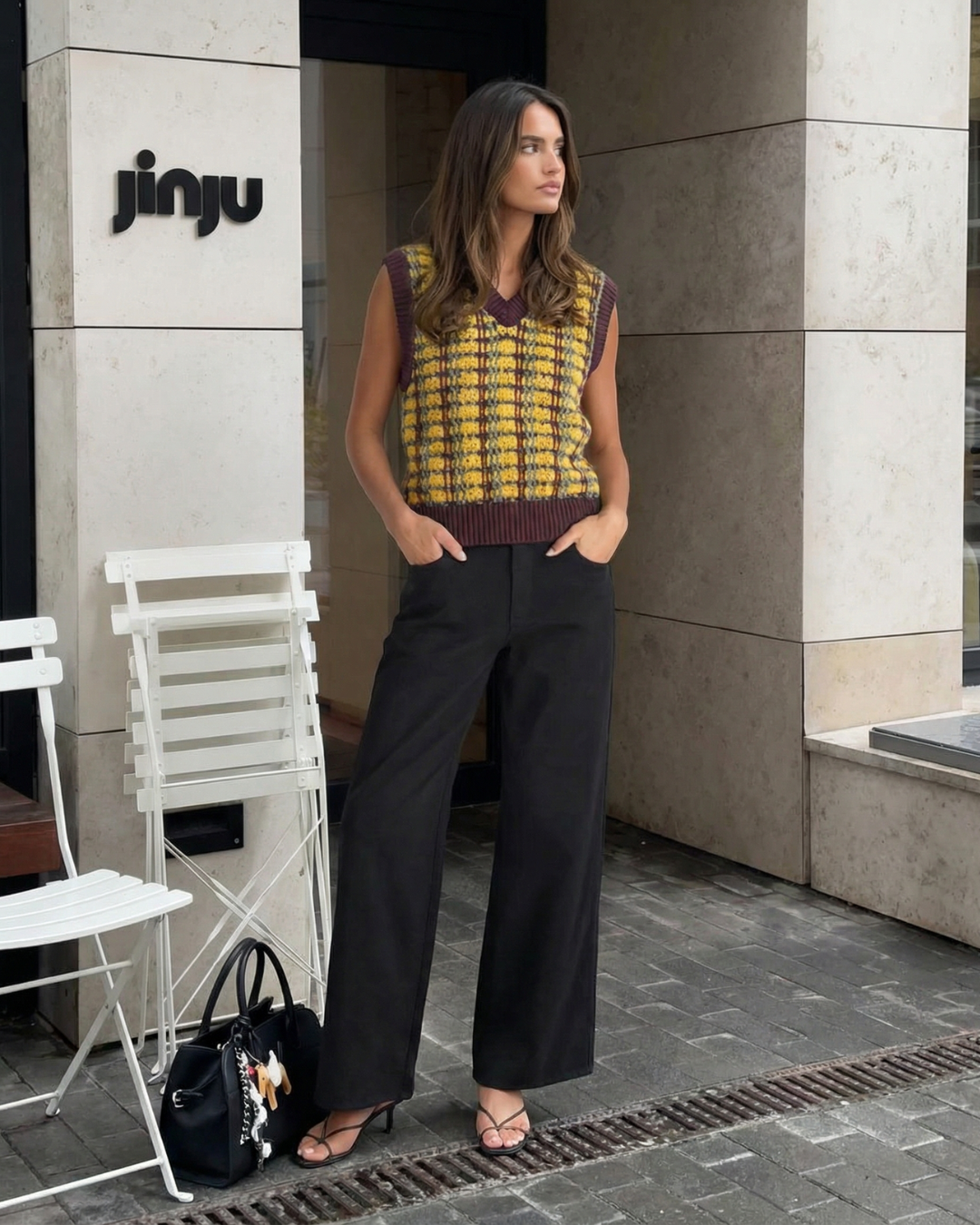 Mélissa | Pull Sans Manches Oversize à Carreaux et Col V